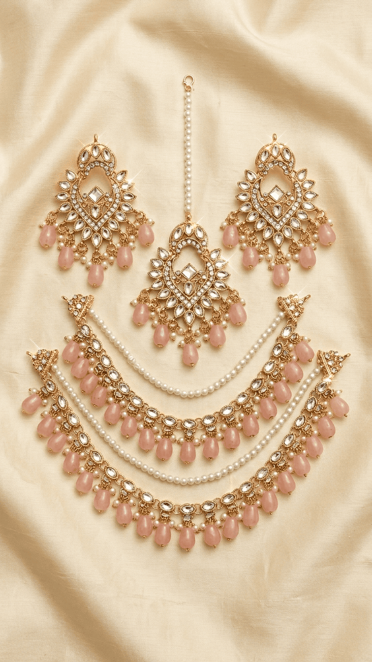 Pink Kundan Pearl Bridal Jewelry Set