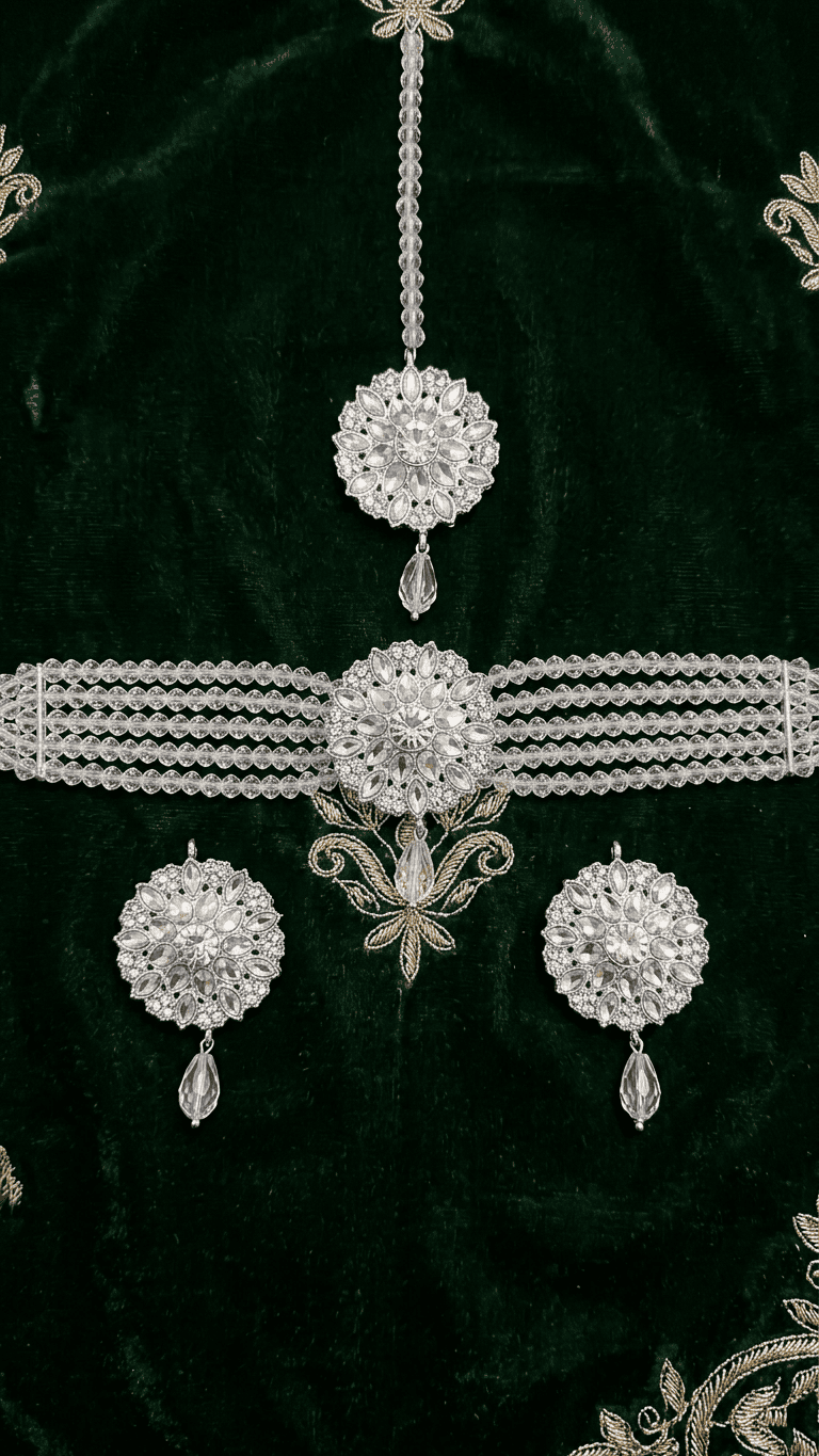 Crystal Beaded Silver Floral Jewelry Set