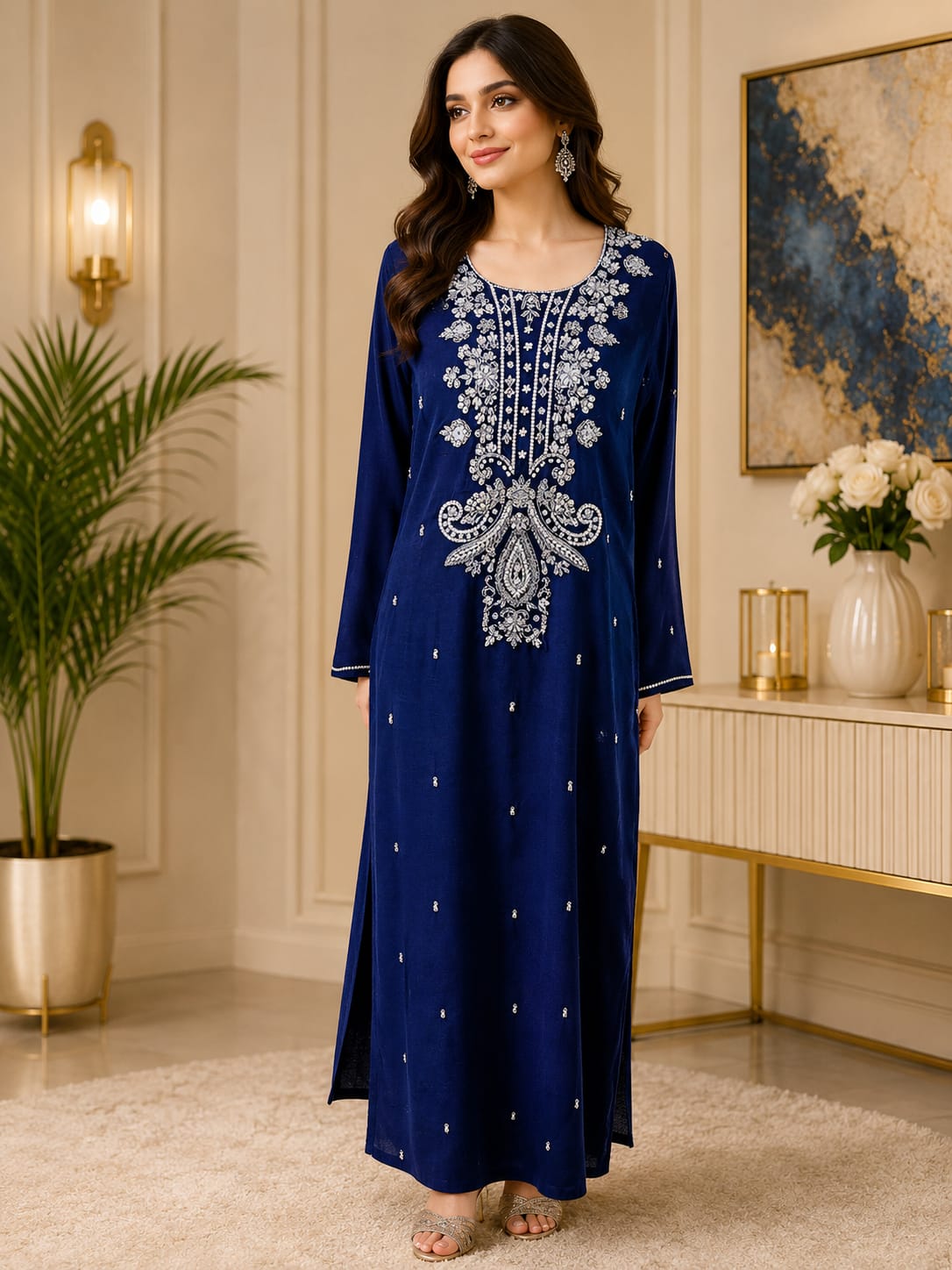 Royal Blue Embroidered Maxi Dress for Women