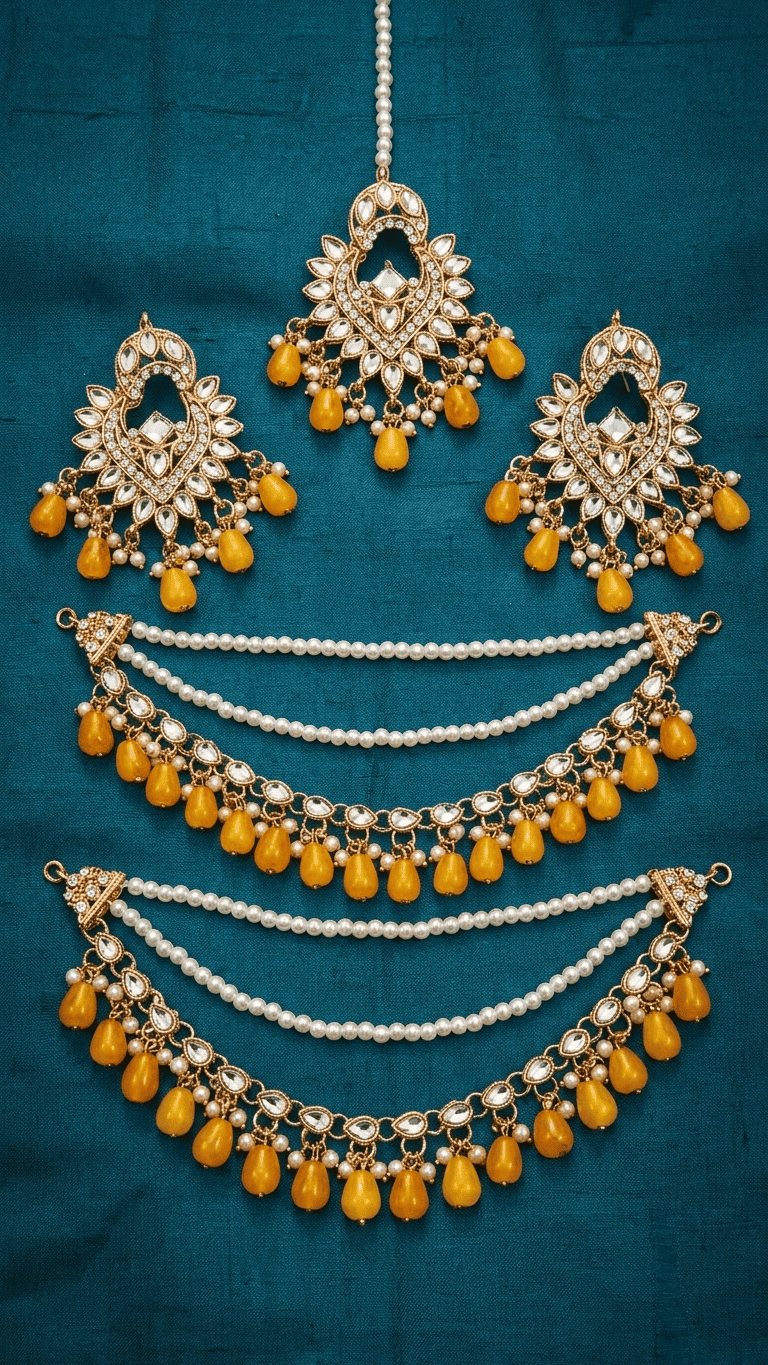 Mustard Kundan Pearl Bridal Sahara Set