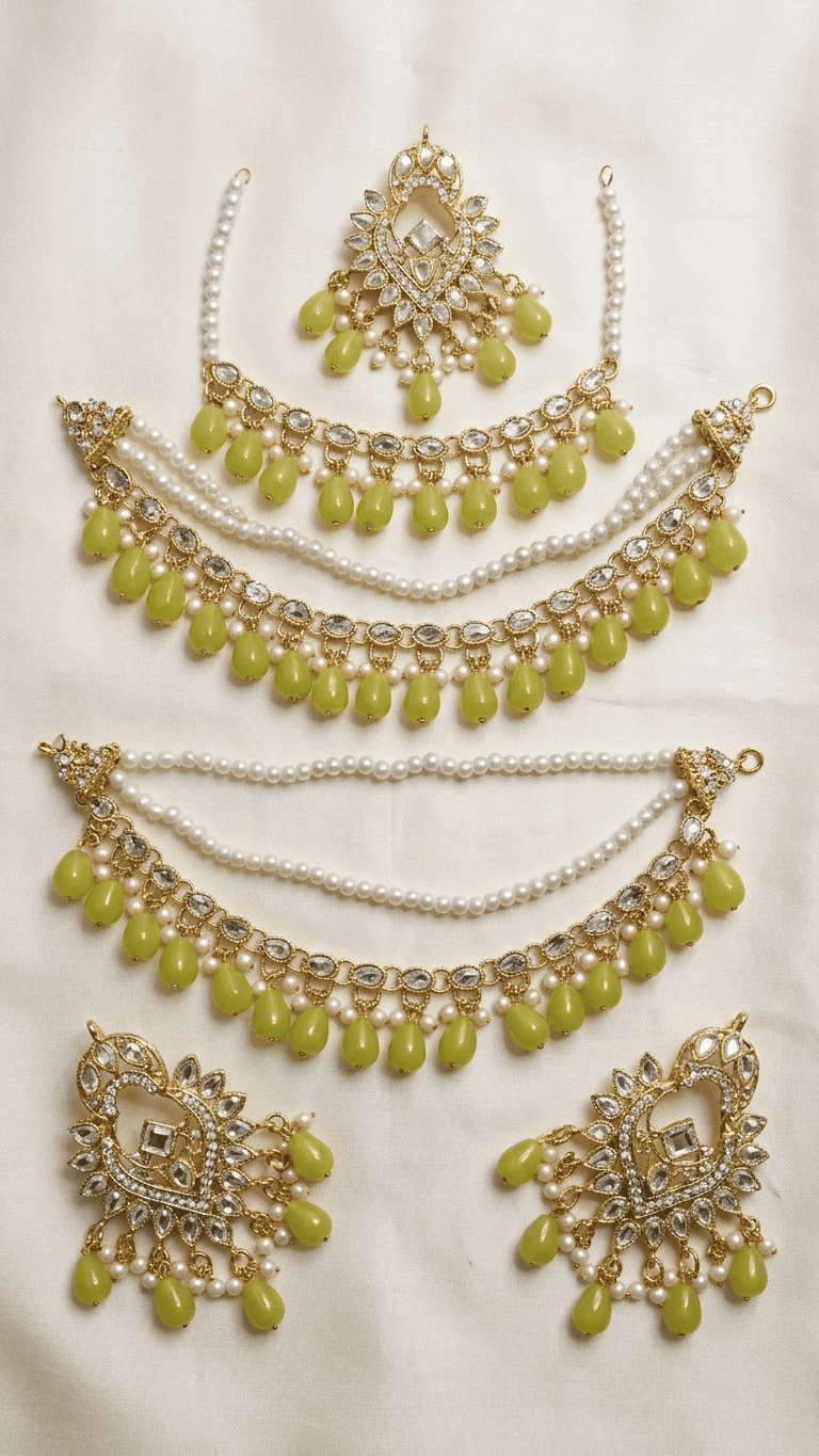 Olive Green Kundan Pearl Bridal Sahara Set