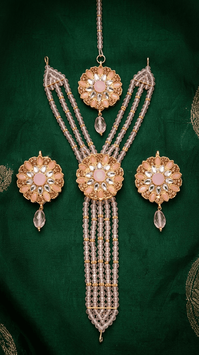 Pink Crystal Beaded Bridal Jewelry Set