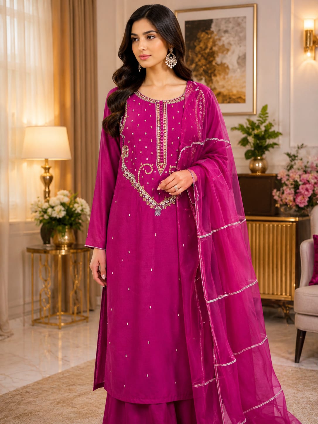 Fuchsia Pink Embroidered 3-Piece Suit Set