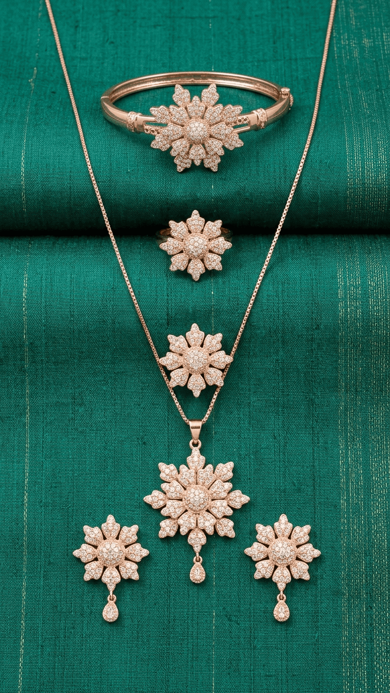 Rose Gold Floral Crystal Jewelry Set – Necklace, Earrings &amp; Bracelet